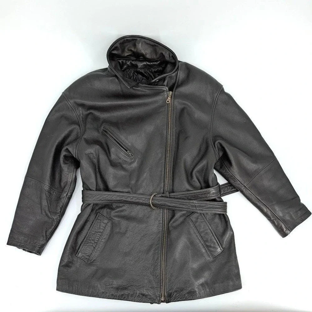 Tannery West‎ Brown Leather Belted Moto Jacket Asymmetrical Zip Quilted L